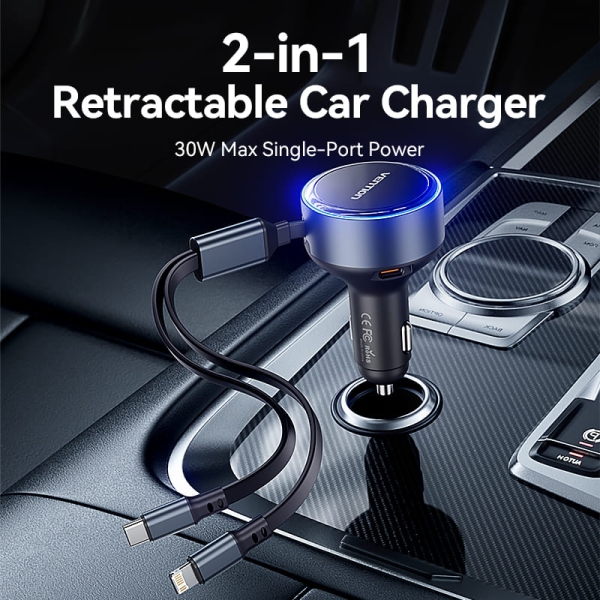 Chargeur de voiture Vention 30 W – USB-C mâle, USB-C femelle, Lightning – Charge rapide – Noir