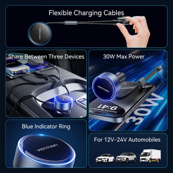 Chargeur de voiture Vention 30 W – USB-C mâle, USB-C femelle, Lightning – Charge rapide – Noir