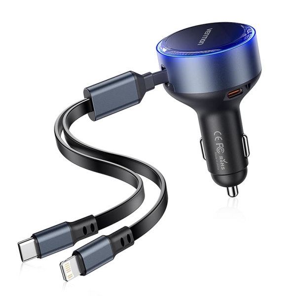 Chargeur de voiture Vention 30 W – USB-C mâle, USB-C femelle, Lightning – Charge rapide – Noir