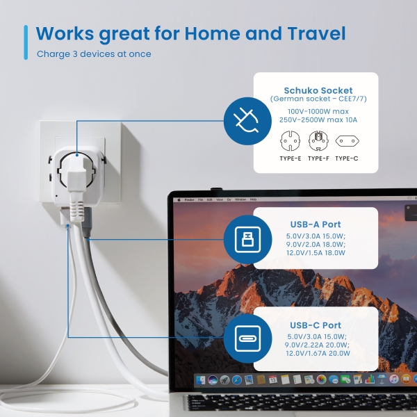 Chargeur de voyage universel Ewent EW1472 - 1 x USB-C, 2 x USB - 15 W - États-Unis, Royaume-Uni, Australie, Chine - Blanc