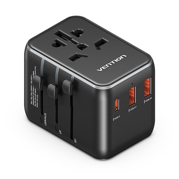 Chargeur de voyage universel Vention - 1xUSB-C, 2xUSB - 20W - Noir