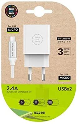 Chargeur Mural Double TechOneTech + Câble USB-A vers Micro-USB 2.4 1m - Revêtement Nylon Tressé