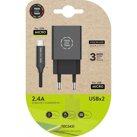 Chargeur Mural Double TechOneTech + Câble USB-A vers Micro-USB 2.4 1m - Revêtement Nylon Tressé