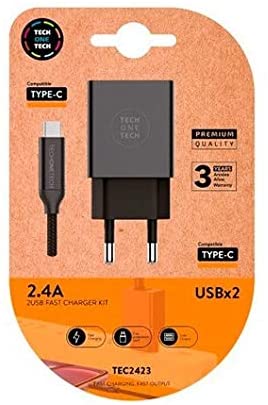 Chargeur Mural Double TechOneTech + Câble USB-A vers USB-C 1m - Revêtement Nylon Tressé