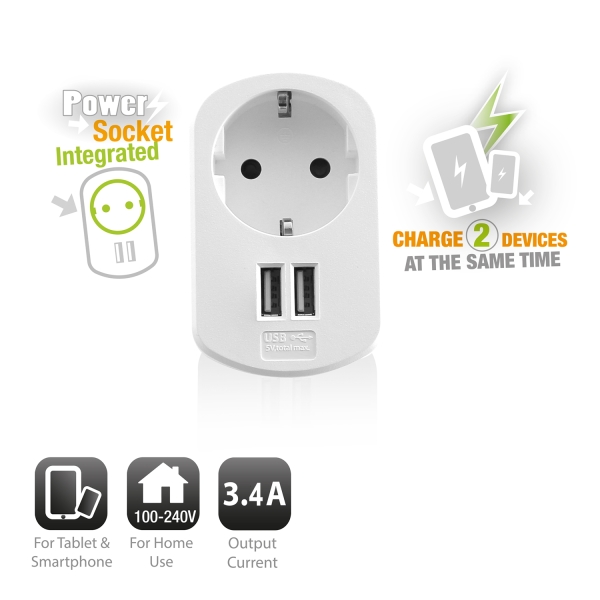 Chargeur mural Ewent 2xUSB-A + prise secteur - 17 W - Blanc