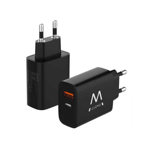 Chargeur mural Ewent USB-C/PD + USB-A/QC 20 W - Noir