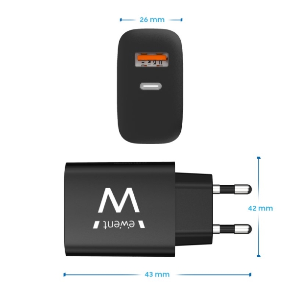 Chargeur mural Ewent USB-C/PD + USB-A/QC 20 W - Noir
