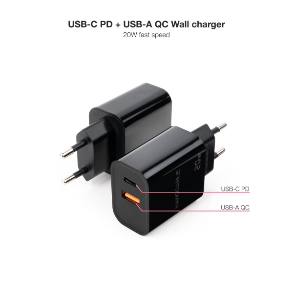 Chargeur Mural Nanocable USB-C/PD + USB-A/QC 20W - Noir