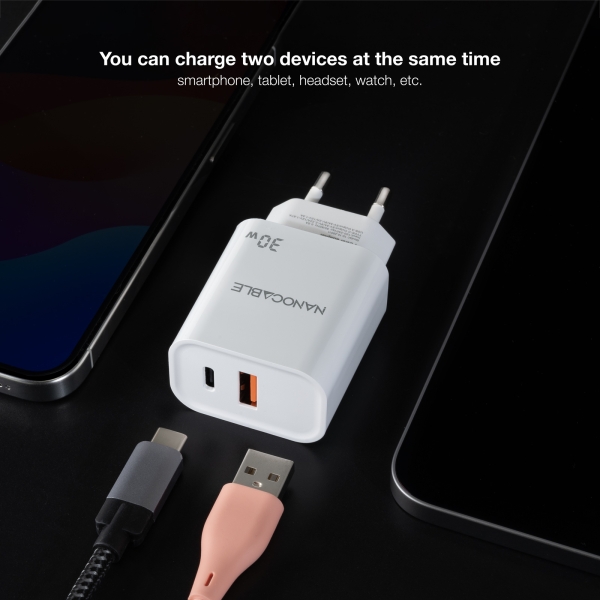 Chargeur Mural Nanocable USB-C/PD + USB-A/QC 30W - Blanc