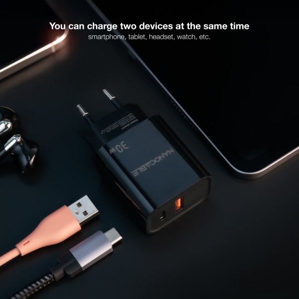 Chargeur Mural Nanocable USB-C/PD + USB-A/QC 30W - Noir