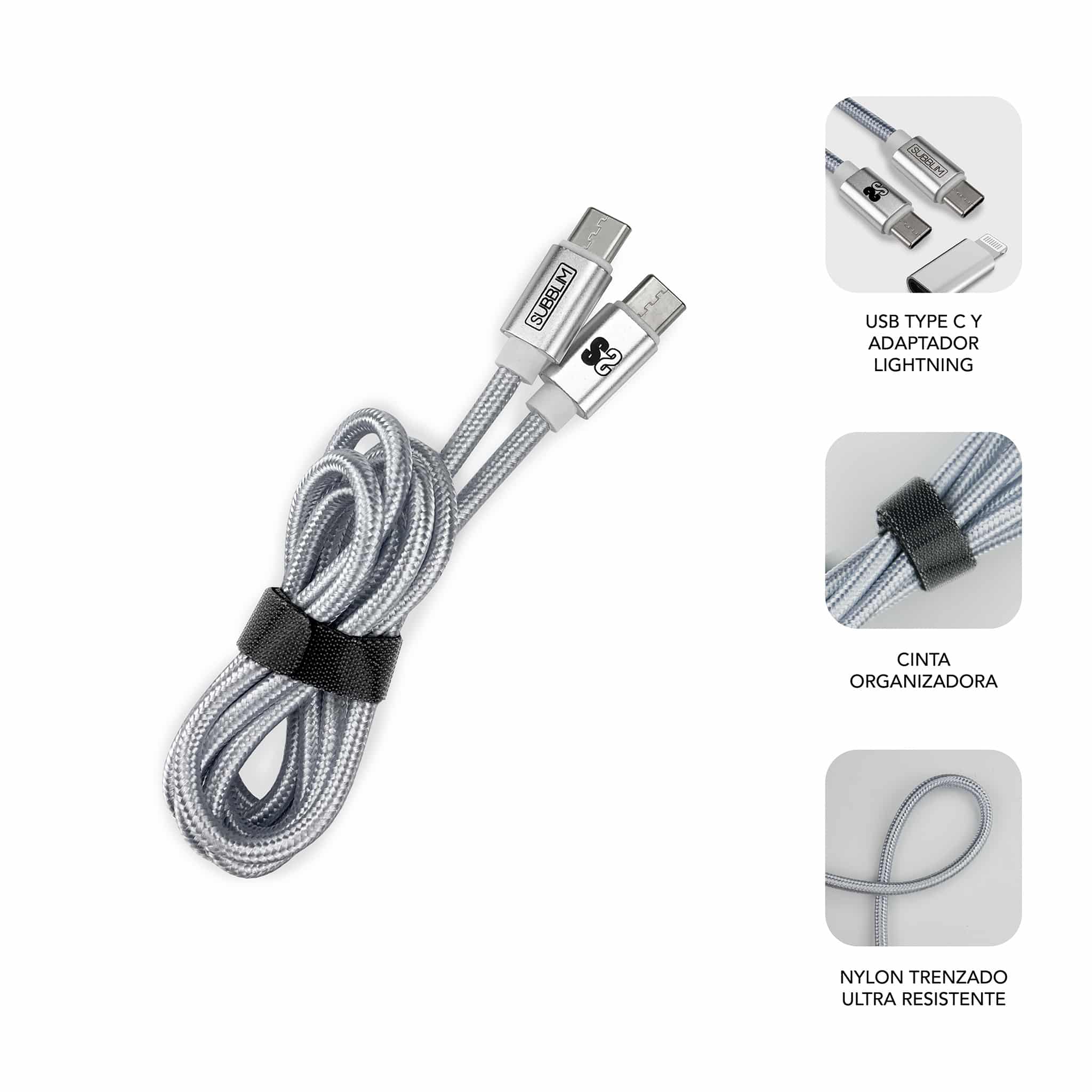 Chargeur Mural Subblim 25W - 2 Ports (USB C + USB A) - Charge ultra rapide - Câble USB C haute performance - Extérieur en fibre de nylon - Longueur 1m - Coloris Blanc