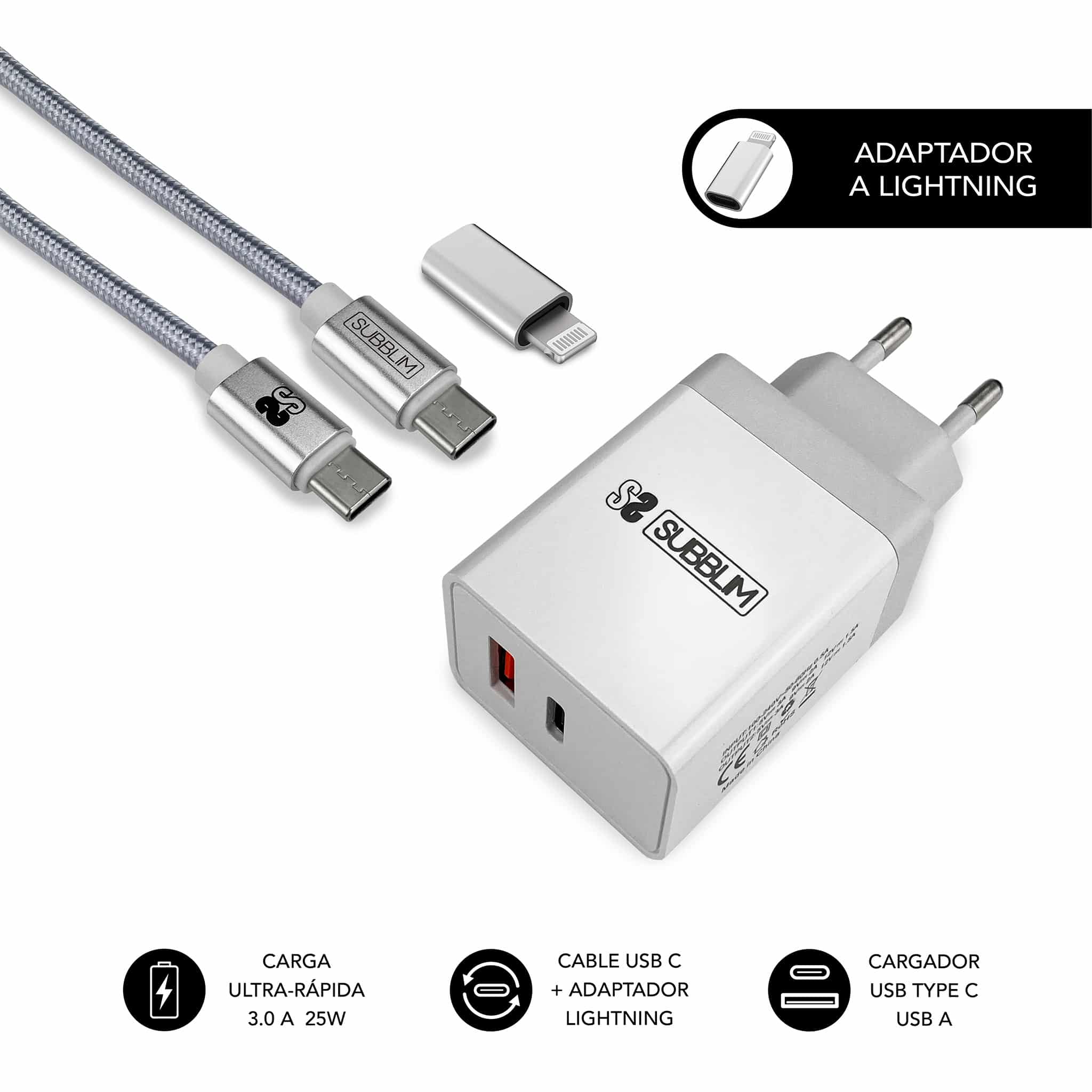 Chargeur Mural Subblim 25W - 2 Ports (USB C + USB A) - Charge ultra rapide - Câble USB C haute performance - Extérieur en fibre de nylon - Longueur 1m - Coloris Blanc