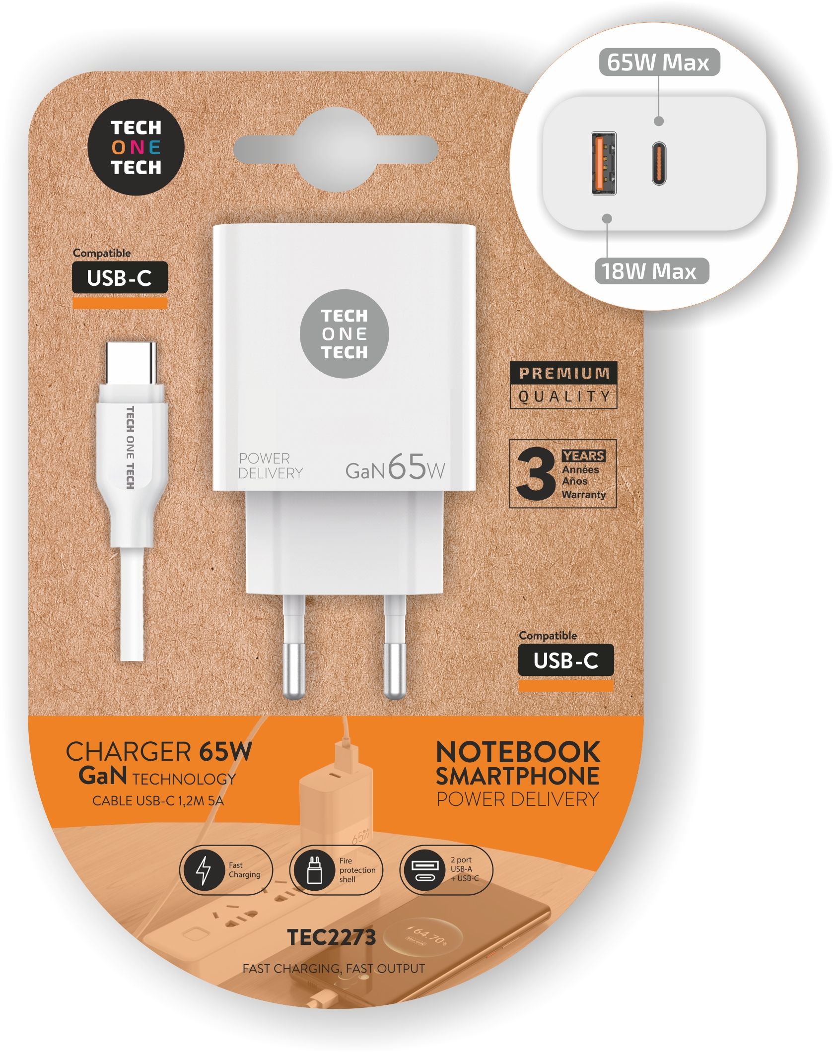 CHARGEUR SECTEUR 65W 2 PORTS USB-C + CABLE USB-C 2M 100 W, POWER DELIVERY,  BLANC