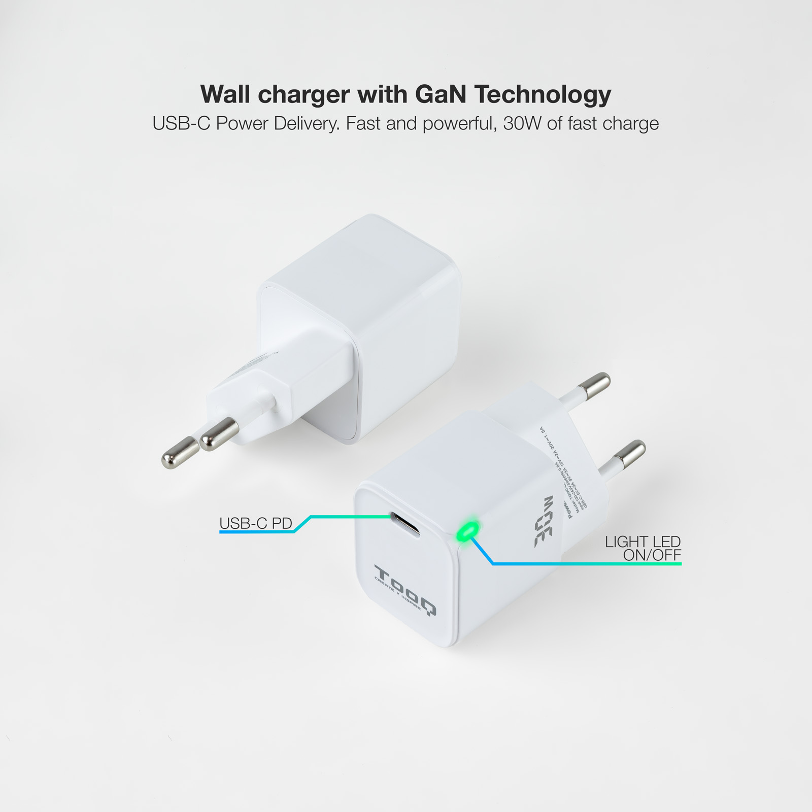 Chargeur mural Tooq GaN USB-C/PD 30W - Couleur blanche