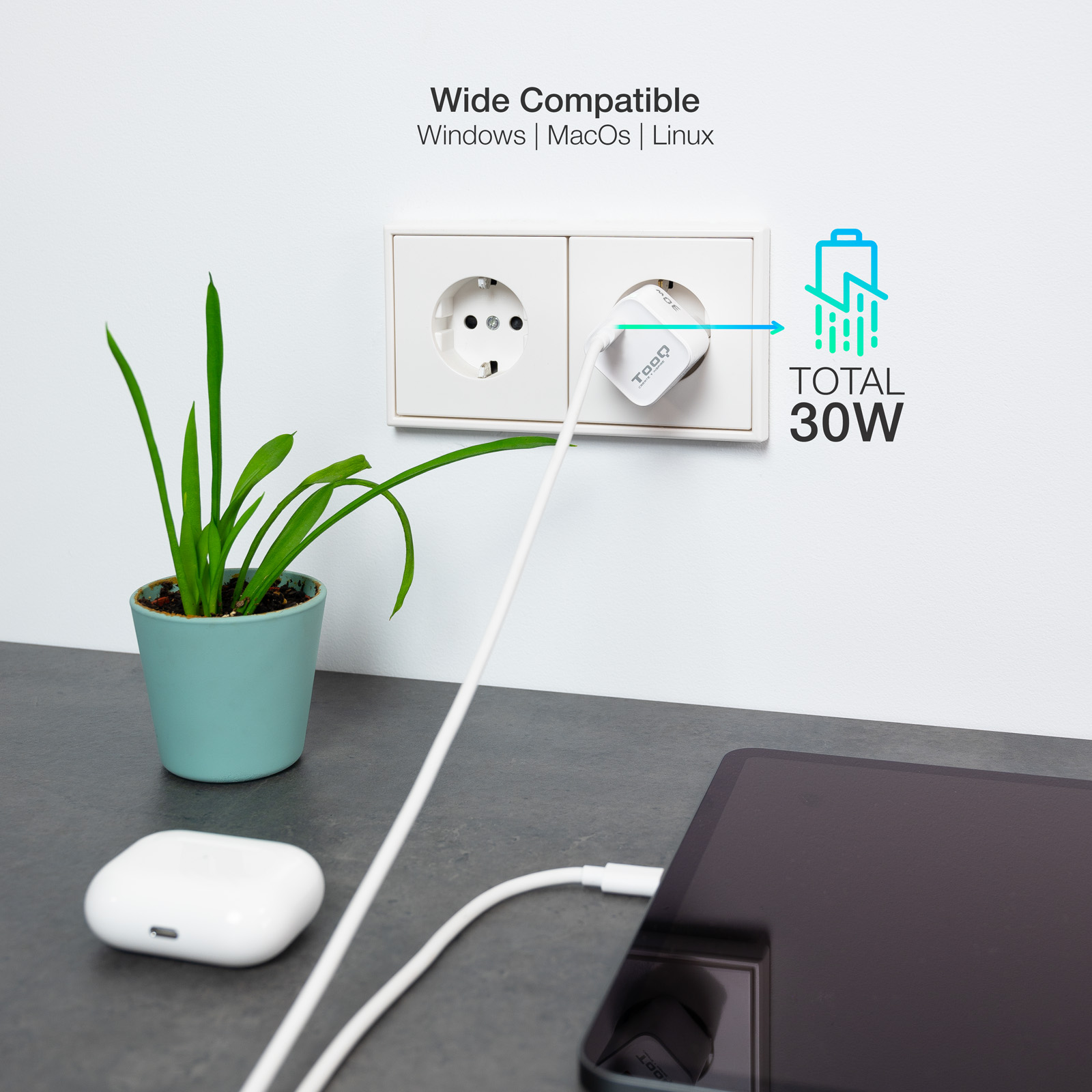 Chargeur mural Tooq GaN USB-C/PD 30W - Couleur blanche