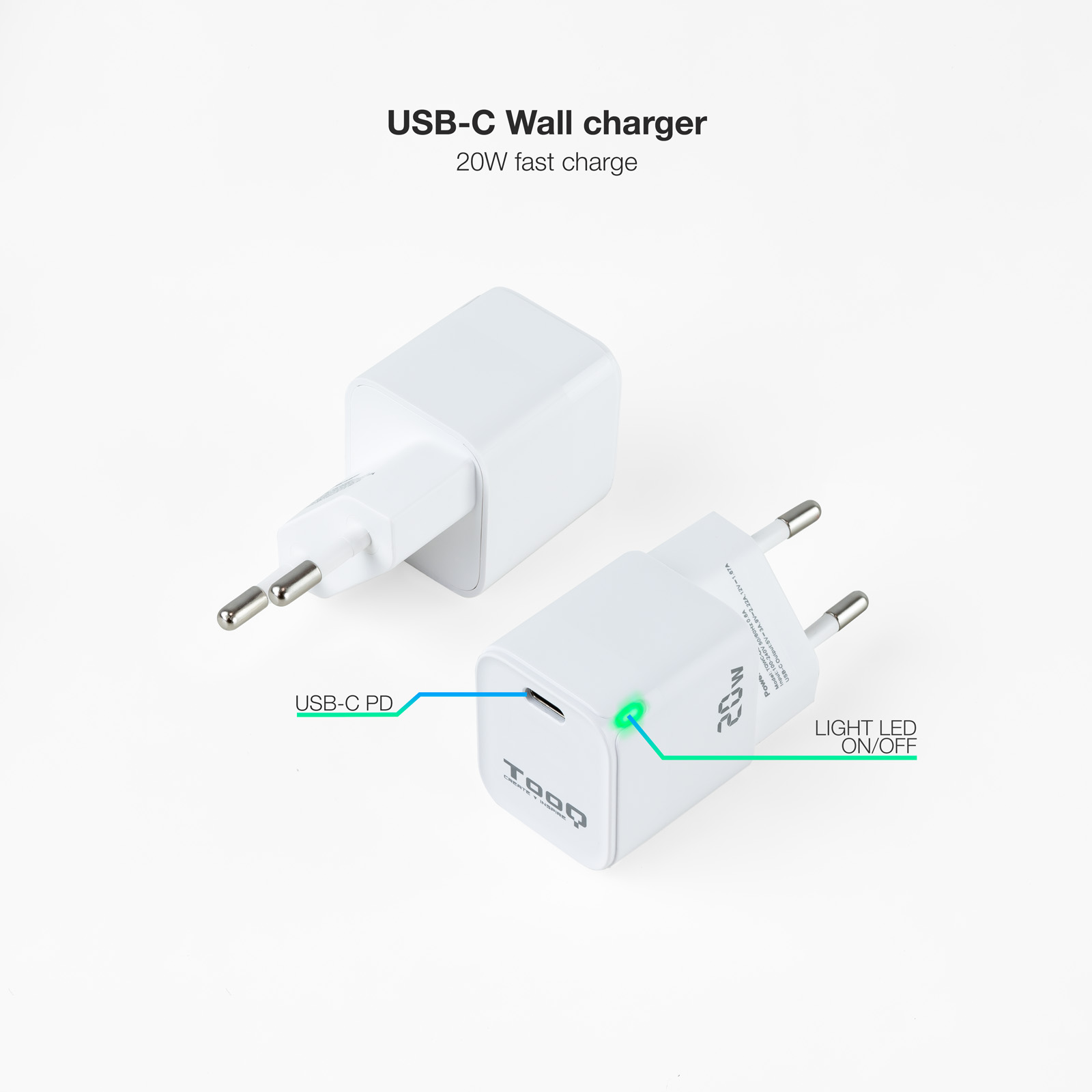 Chargeur mural Tooq USB-C/PD 20W - Couleur blanche