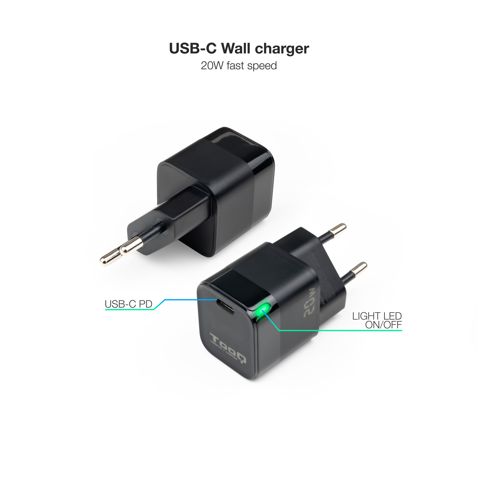 Chargeur Mural Tooq USB-C/PD 20W - Noir