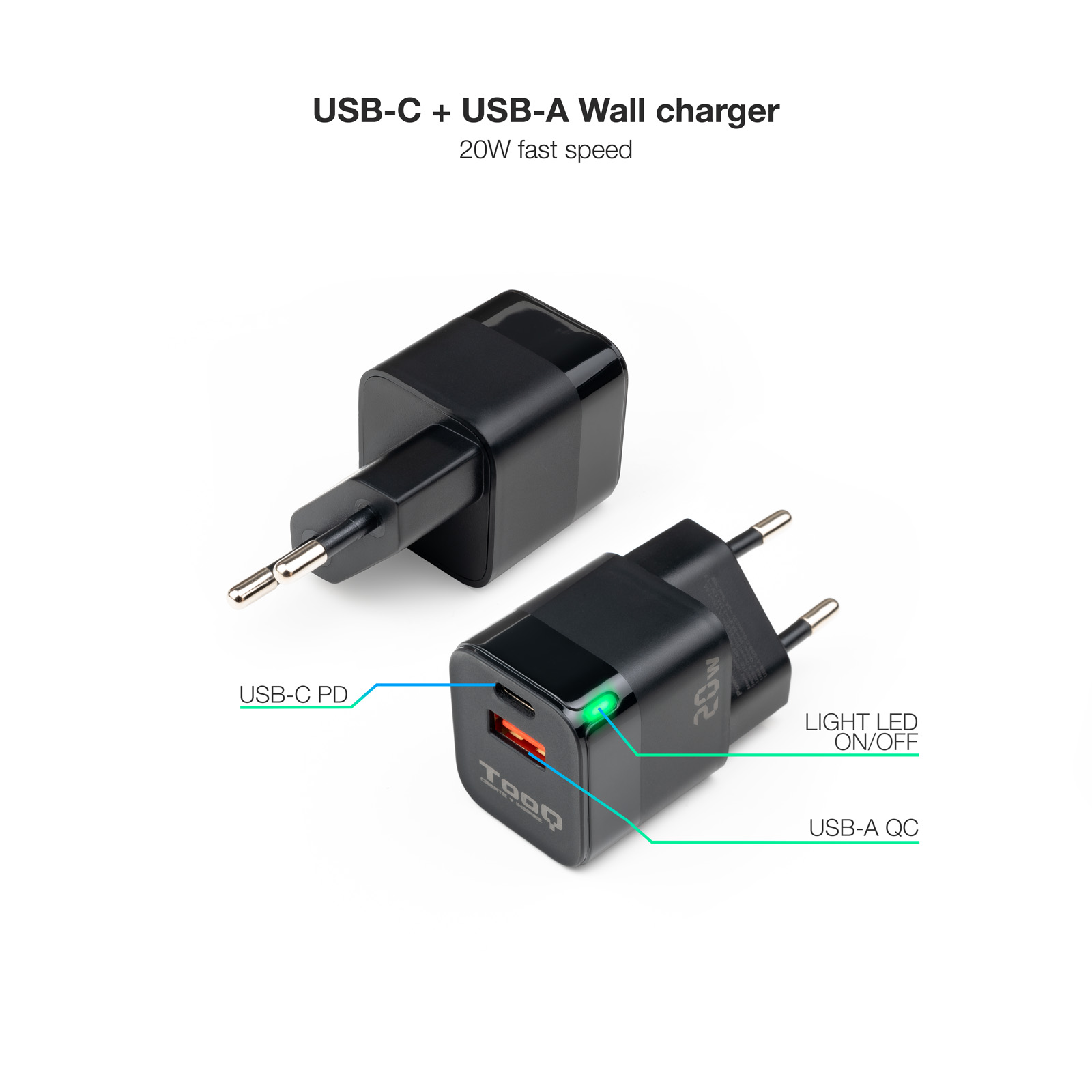 Chargeur Mural Tooq USB-C/PD + USB-A/QC 20W - Noir