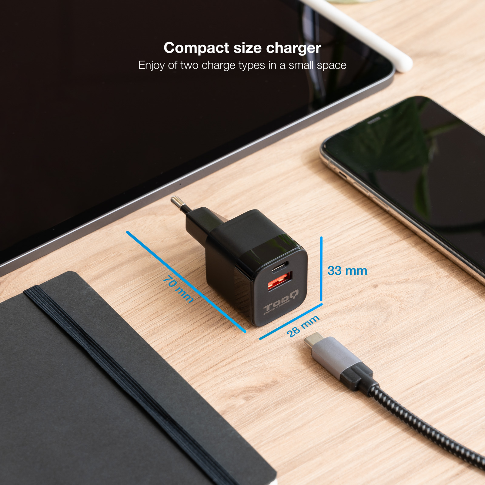 Chargeur Mural Tooq USB-C/PD + USB-A/QC 20W - Noir