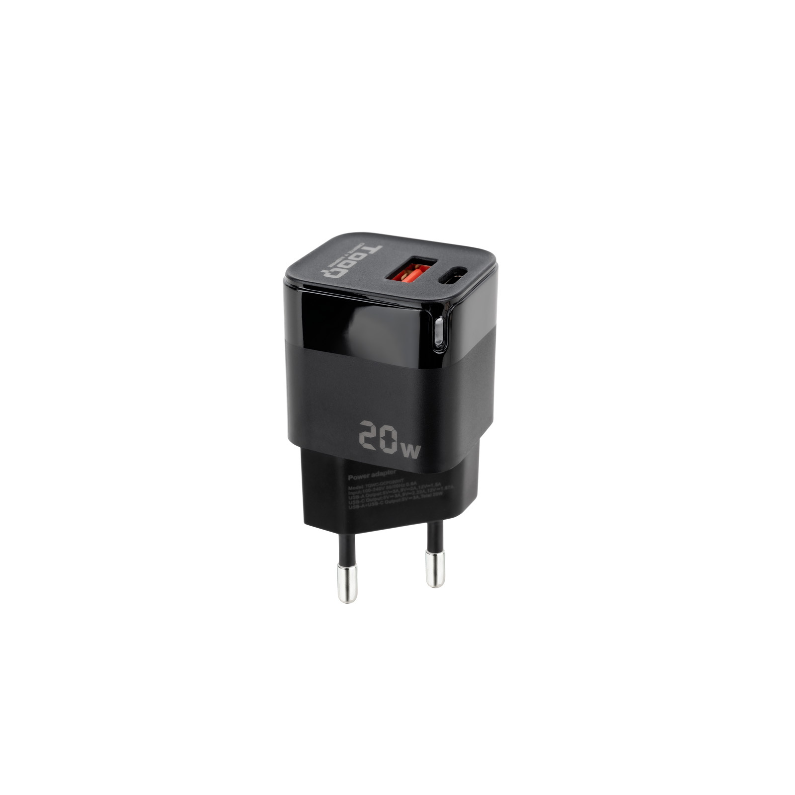 Chargeur Mural Tooq USB-C/PD + USB-A/QC 20W - Noir