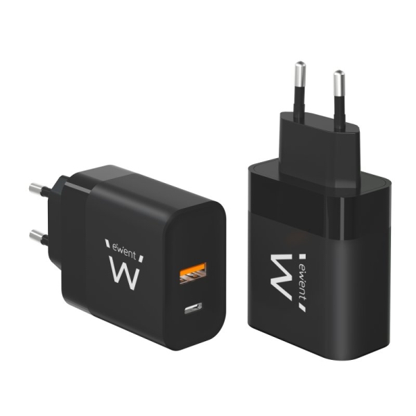 Chargeur mural universel GaN Ewent EW1327 45 W ultra-rapide - 1 port USB-C PD 3.0 et PPS, 1 port USB-A QC 2.0 - Noir