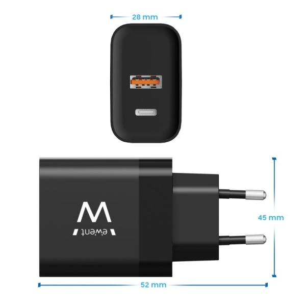 Chargeur mural universel GaN Ewent EW1327 45 W ultra-rapide - 1 port USB-C PD 3.0 et PPS, 1 port USB-A QC 2.0 - Noir