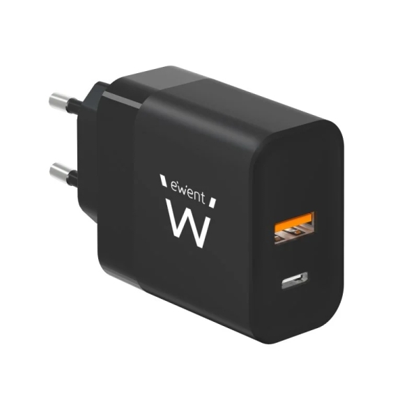 Chargeur mural universel GaN Ewent EW1327 45 W ultra-rapide - 1 port USB-C PD 3.0 et PPS, 1 port USB-A QC 2.0 - Noir