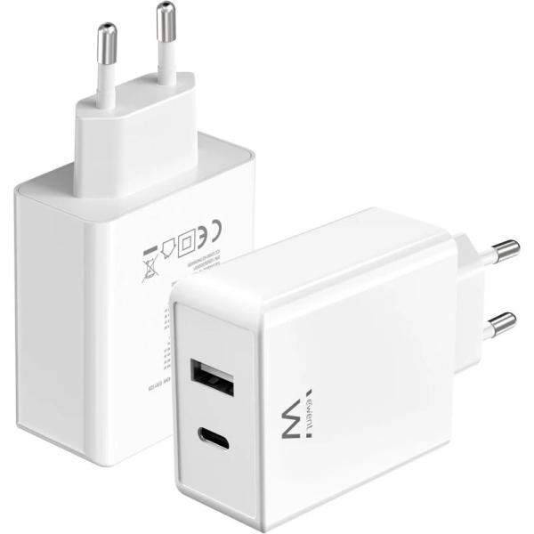 Chargeur mural universel GaN Ewent EW1328 45 W ultra-rapide - 1 x USB-C PD et PPS, 1 x USB-A QC - Blanc