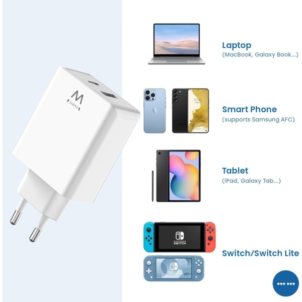 Chargeur mural universel GaN Ewent EW1328 45 W ultra-rapide - 1 x USB-C PD et PPS, 1 x USB-A QC - Blanc