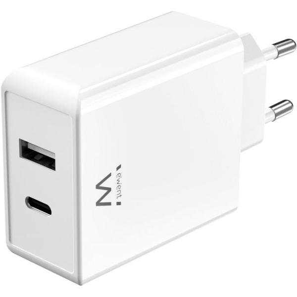 Chargeur mural universel GaN Ewent EW1328 45 W ultra-rapide - 1 x USB-C PD et PPS, 1 x USB-A QC - Blanc