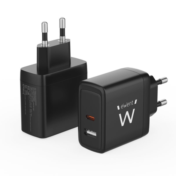 Chargeur mural universel GaN Ewent EW1330 65 W ultra-rapide - 1 port USB-C PD 3.0 et PPS, 1 port USB-A QC 3.0 - Noir