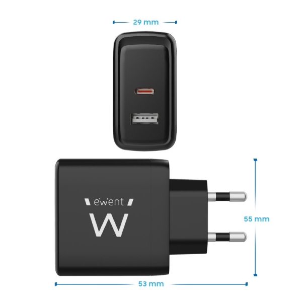 Chargeur mural universel GaN Ewent EW1330 65 W ultra-rapide - 1 port USB-C PD 3.0 et PPS, 1 port USB-A QC 3.0 - Noir