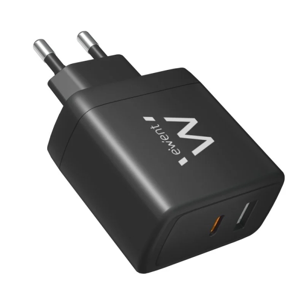 Chargeur mural universel GaN Ewent EW1330 65 W ultra-rapide - 1 port USB-C PD 3.0 et PPS, 1 port USB-A QC 3.0 - Noir