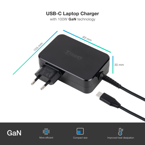 Chargeur pour ordinateur portable Tooq GaN USB-C/PD 100 W - Câble de 1,80 m - Noir