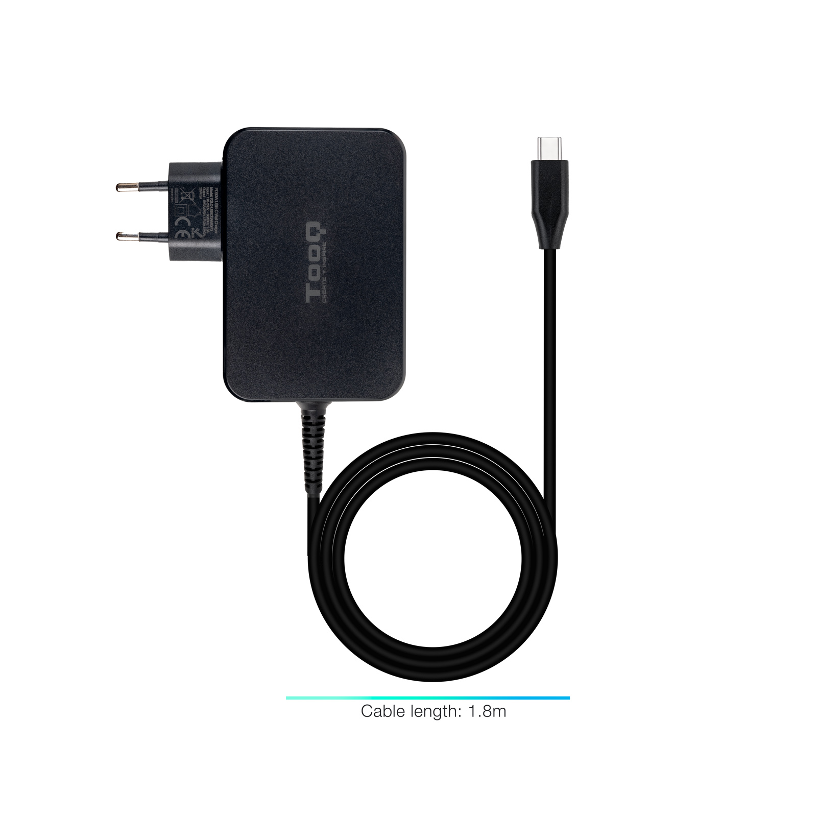 Chargeur pour ordinateur portable Tooq GaN USB-C/PD 3.0 90W - Câble de 1,80 m - Couleur noire