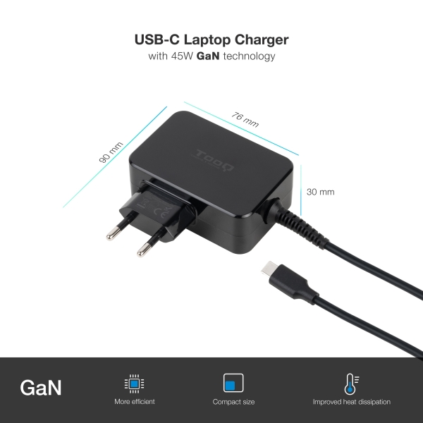 Chargeur pour ordinateur portable Tooq GaN USB-C/PD 45 W - Câble de 1,80 m - Noir