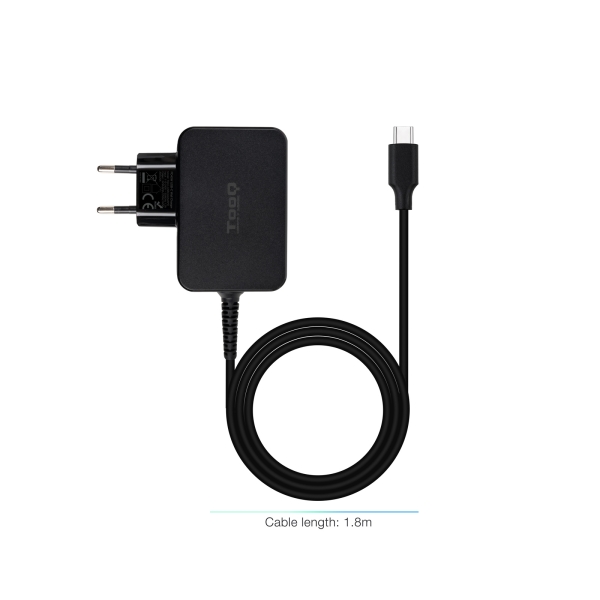 Chargeur pour ordinateur portable Tooq GaN USB-C/PD 45 W - Câble de 1,80 m - Noir