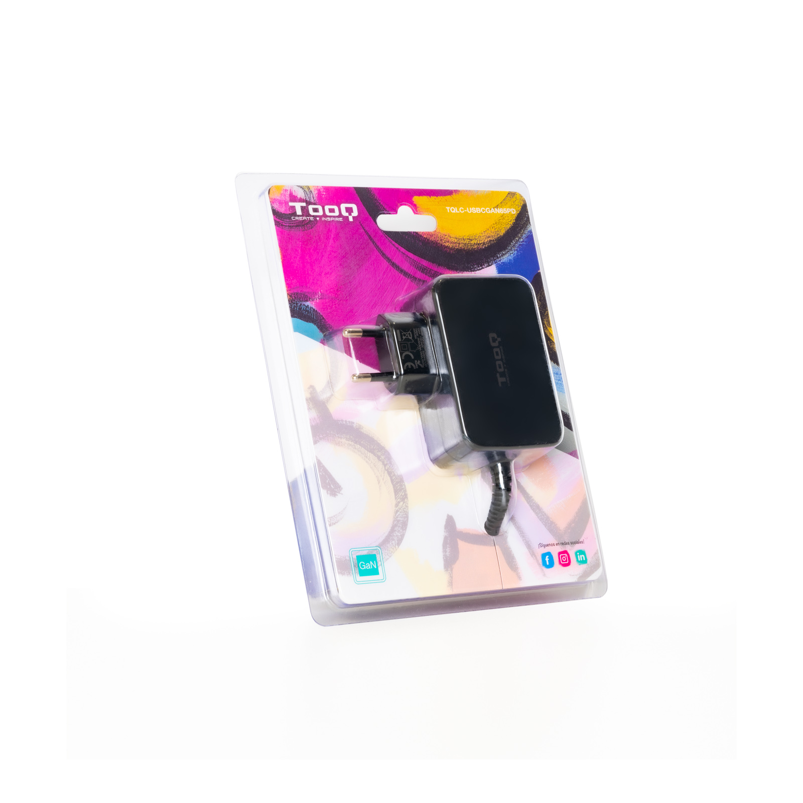 Chargeur pour Ordinateur Portable Tooq GaN USB-C/PD 65W - Câble 1.80m - Couleur Noir