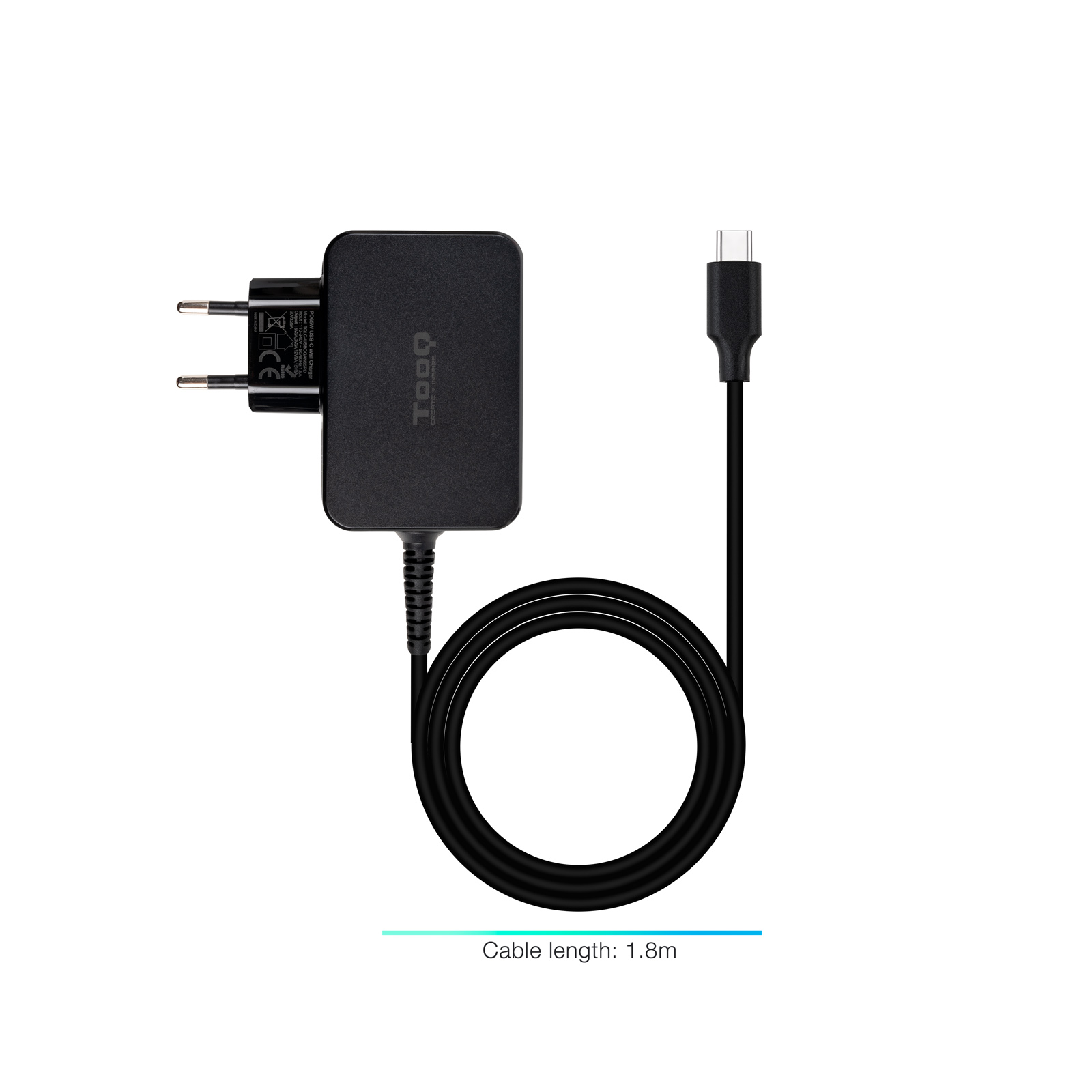 Chargeur pour Ordinateur Portable Tooq GaN USB-C/PD 65W - Câble 1.80m - Couleur Noir