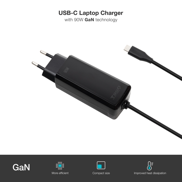 Chargeur pour ordinateur portable Tooq GaN USB-C/PD 90 W - Câble de 1,80 m - Noir