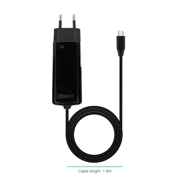 Chargeur pour ordinateur portable Tooq GaN USB-C/PD 90 W - Câble de 1,80 m - Noir