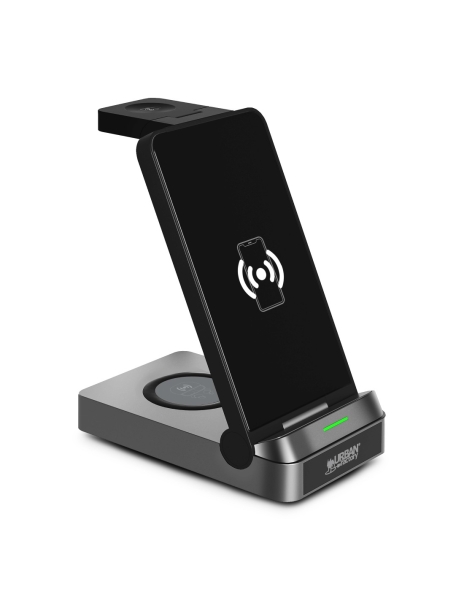 Chargeur sans fil 3-en-1 Urban Factory Powee Pro avec fonction support 22,5 W – Smartphone / Montre connectée / Casque – Noir
