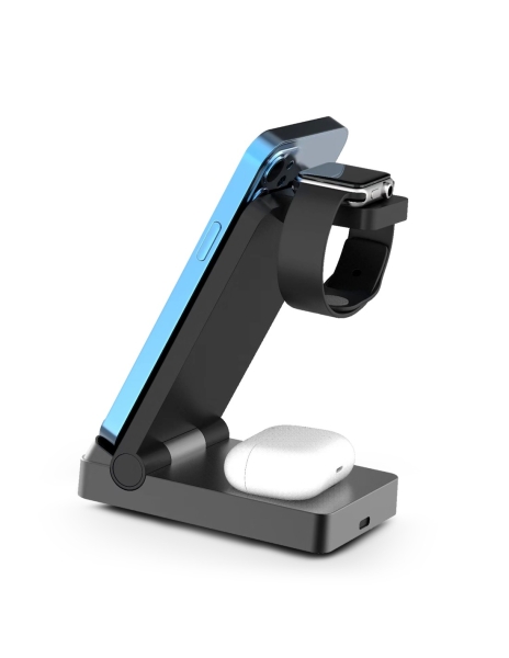 Chargeur sans fil 3-en-1 Urban Factory Powee Pro avec fonction support 22,5 W – Smartphone / Montre connectée / Casque – Noir