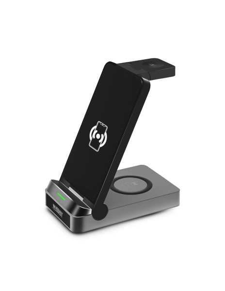 Chargeur sans fil 3-en-1 Urban Factory Powee Pro avec fonction support 22,5 W – Smartphone / Montre connectée / Casque – Noir