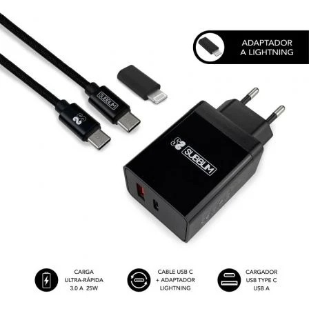 Chargeur secteur Subblim 2 ports - 25W - PD Quick Charge 3.0/2.0/Quick Charge 3.0 4.0 2.0 - Câble USB C réversible - Noir