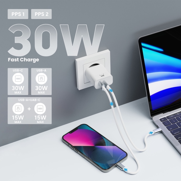 Chargeur USB-C Ewent 30 W - Charge rapide et sûre - 1 port USB-A - Blanc