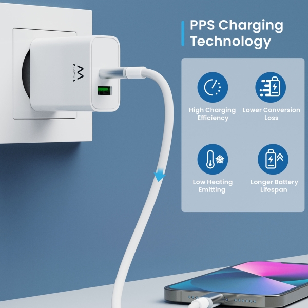 Chargeur USB-C Ewent 30 W - Charge rapide et sûre - 1 port USB-A - Blanc