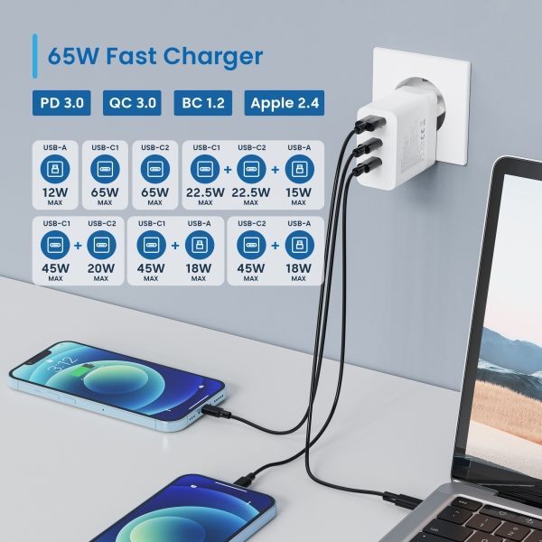 Chargeur USB Ewent EW1323 - 3 ports - Puissance maximale 65 W - 1 port USB A et 2 ports USB C - Blanc