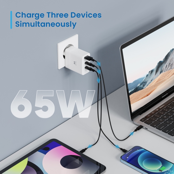 Chargeur USB Ewent EW1323 - 3 ports - Puissance maximale 65 W - 1 port USB A et 2 ports USB C - Blanc