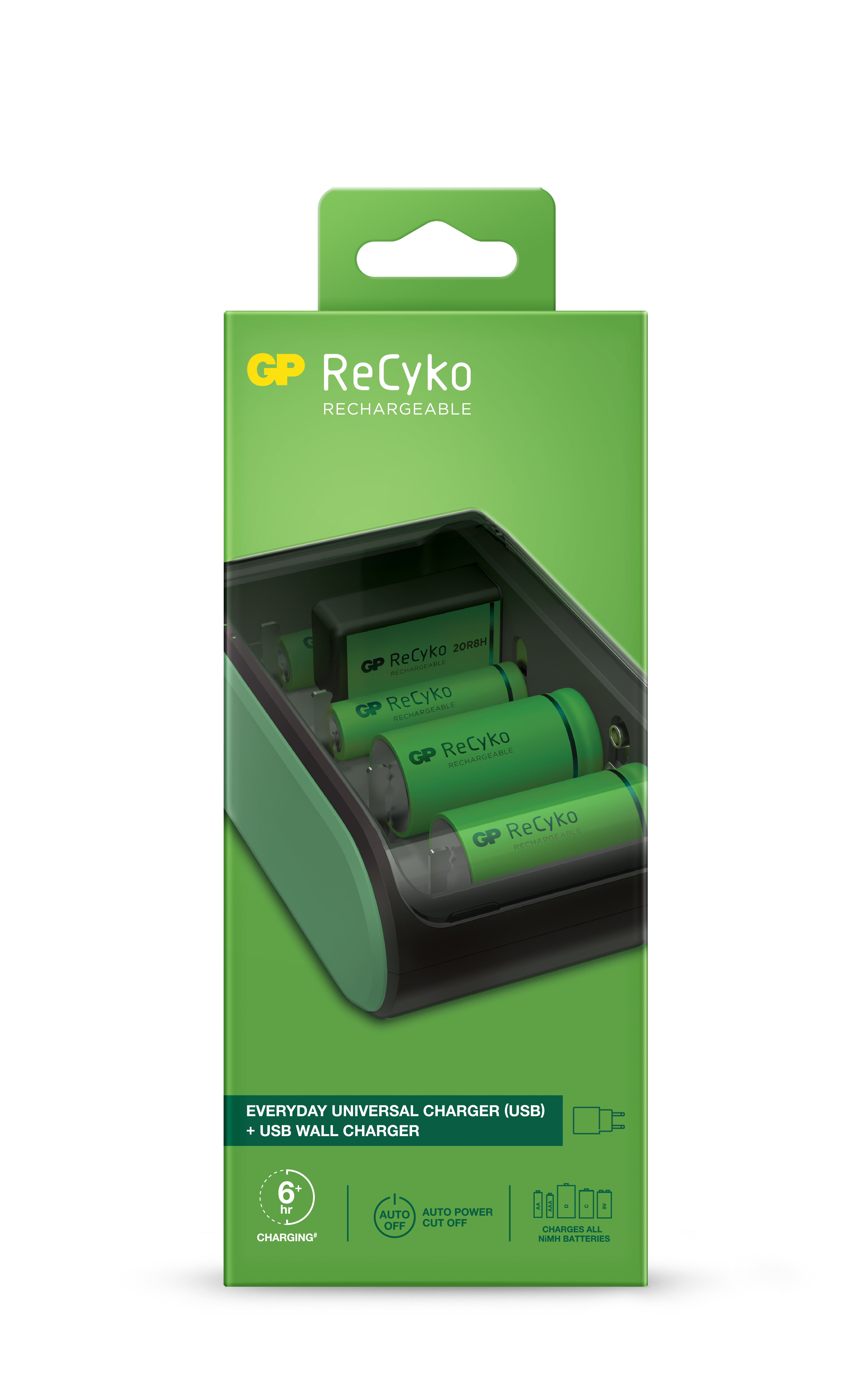 ✓ Chargeur USB universel GP ReCyko - Recharge les piles : AA, AAA, C, D et  9V couleur vert en stock - 123CONSOMMABLES